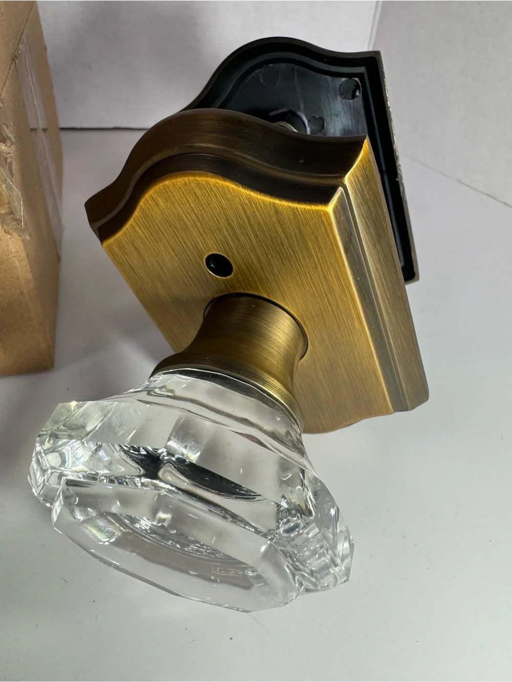 Glass Crystal Door Knob Pair with Antique Brass Backplates - Unbranded